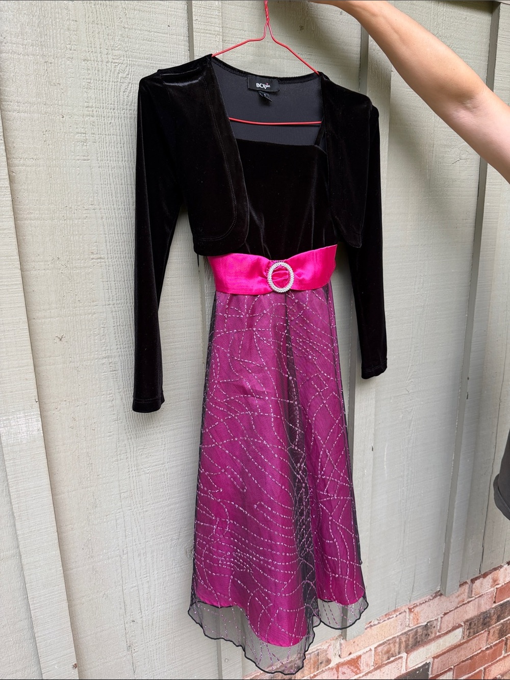 BCX Black Velvet Bolero with Hot Pink Satin Waistband and glitter Overlay Dress